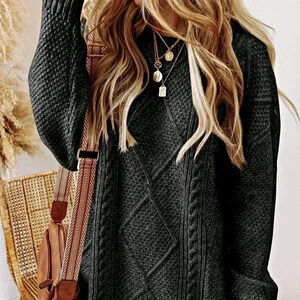 Black Casual Women's Cozy Cable Knit Drop Shoulder Loose Fit Sweater Dress